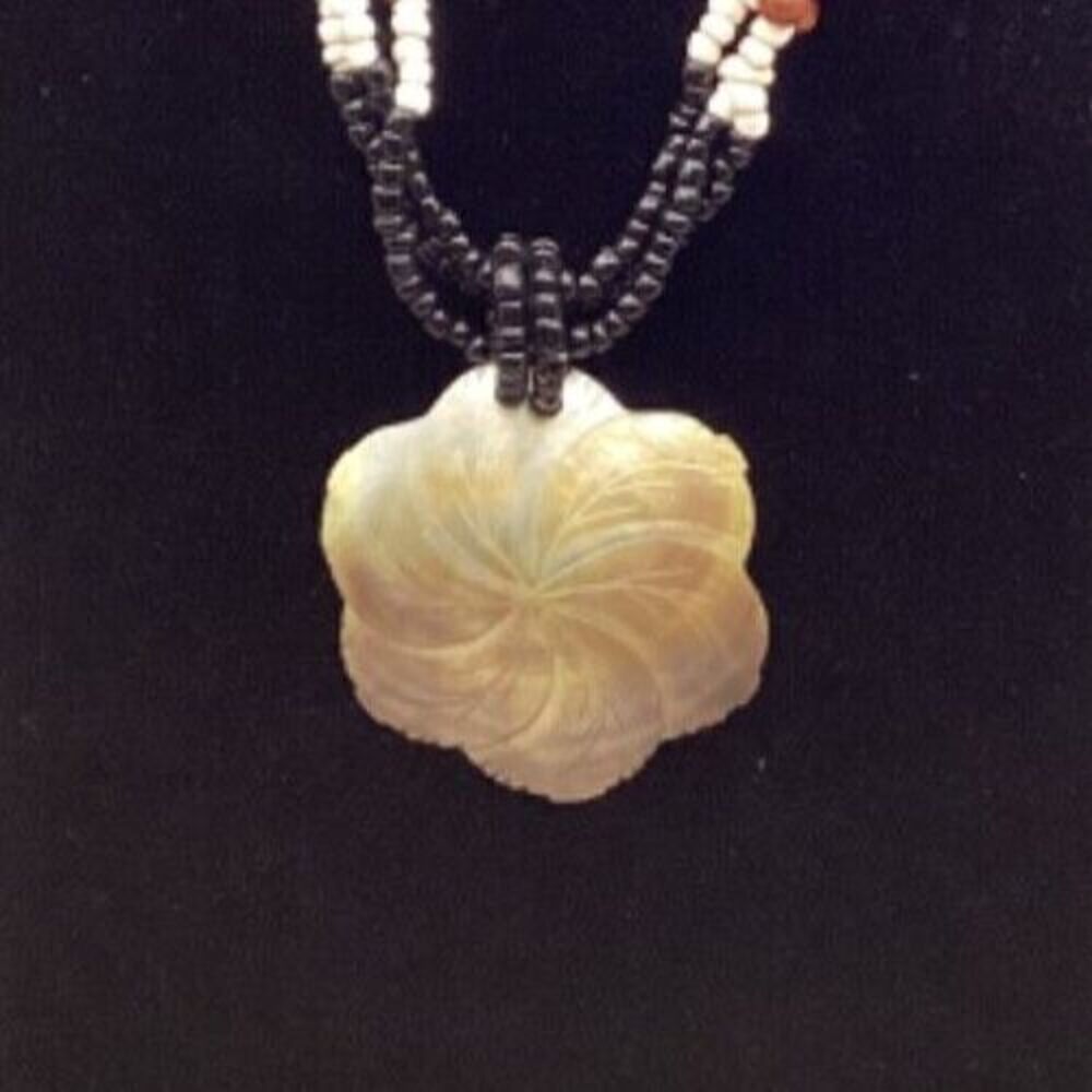 Beaded Handmade Wood & Black necklace with a Mother of Pearl Shell Medallion